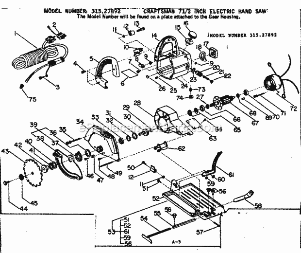 Unit Parts Diagram and Parts List for 31527892  Craftsman Circular Saw