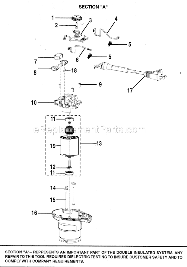 Motor Assy Diagram and Parts List for 315279570  Craftsman Sander Polisher