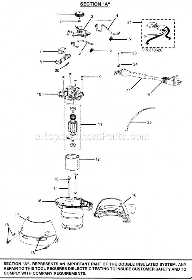 Motor Assy Diagram and Parts List for 315279620  Craftsman Orbital or Palm Sander