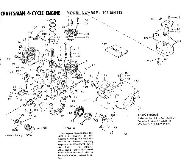 Replacement Parts Diagram and Parts List for 143664112  Craftsman Engine