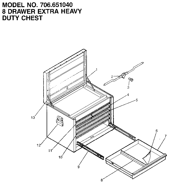 8 Drawer Extra Heavy Duty Chest Diagram and Parts List for 706651040  Craftsman Tool Stand & Cart