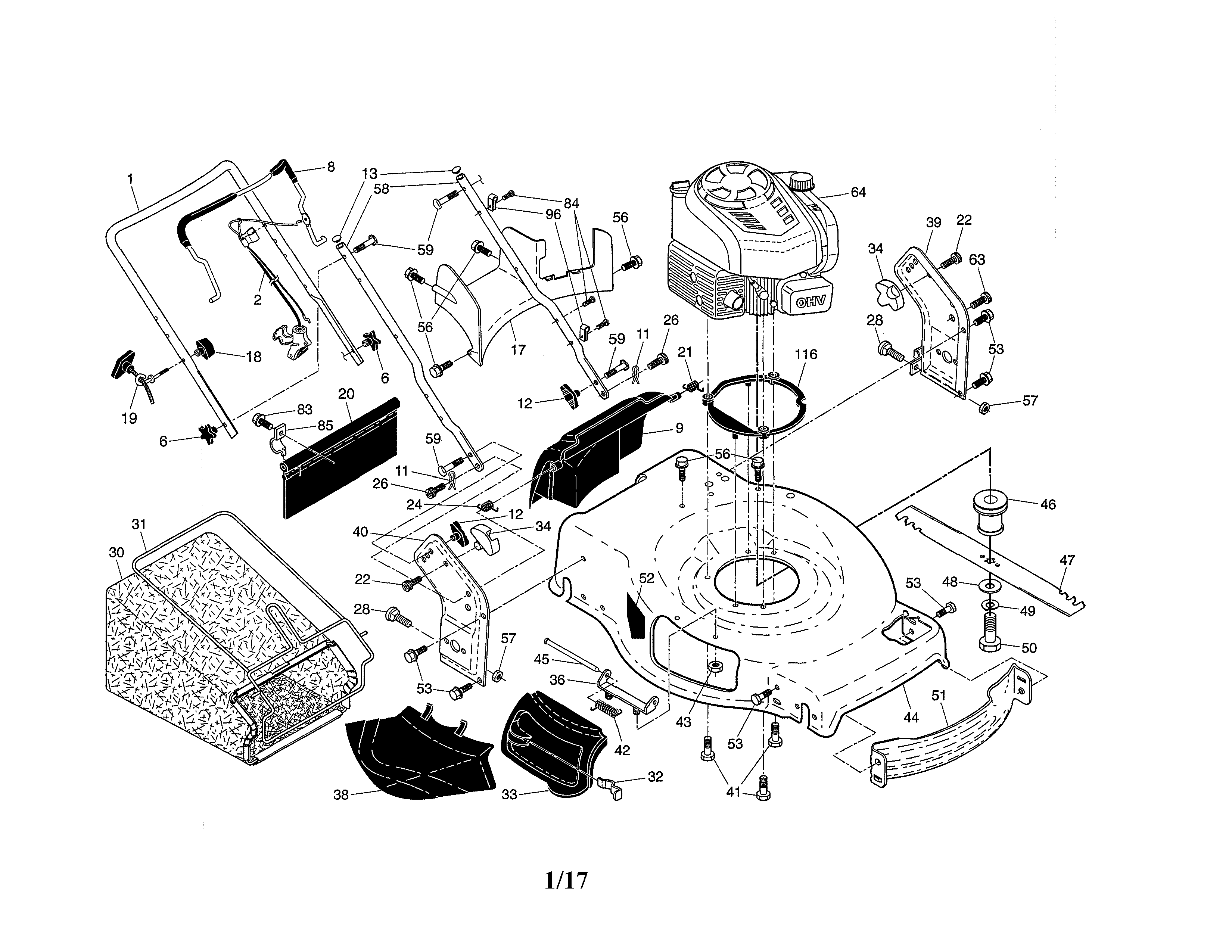 Engine/housing/handles Diagram and Parts List for 917372751  Craftsman Lawn Mower