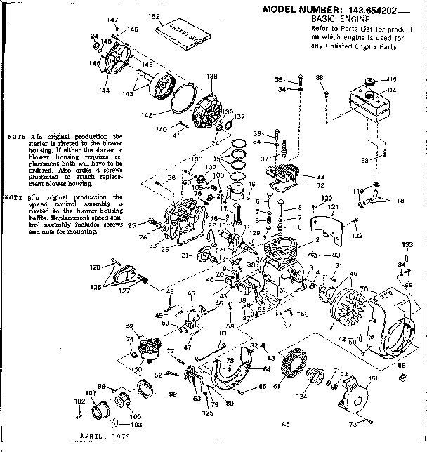 Replacement Parts Diagram and Parts List for 143654202  Craftsman Engine