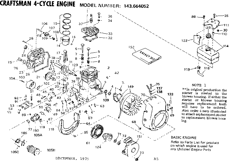 Replacement Parts Diagram and Parts List for 143664052  Craftsman Engine