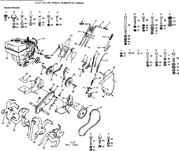 Main Frame Diagram and Parts List for 917299332  Craftsman Tiller