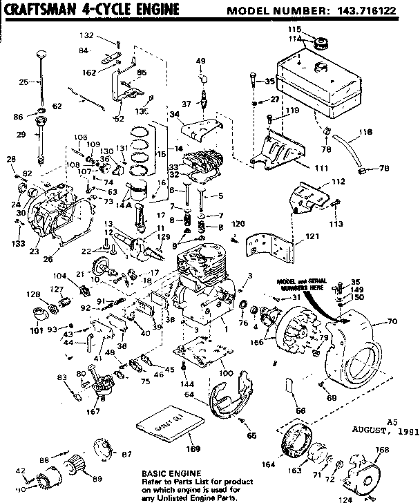 Replacement Parts Diagram and Parts List for 143716122  Craftsman Engine