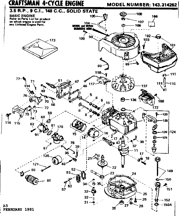 Replacement Parts Diagram and Parts List for 143314262  Craftsman Engine