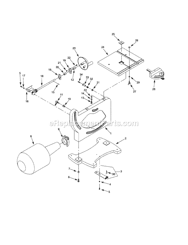 Base Assembly Diagram and Parts List for 351214610  Craftsman Band Saw