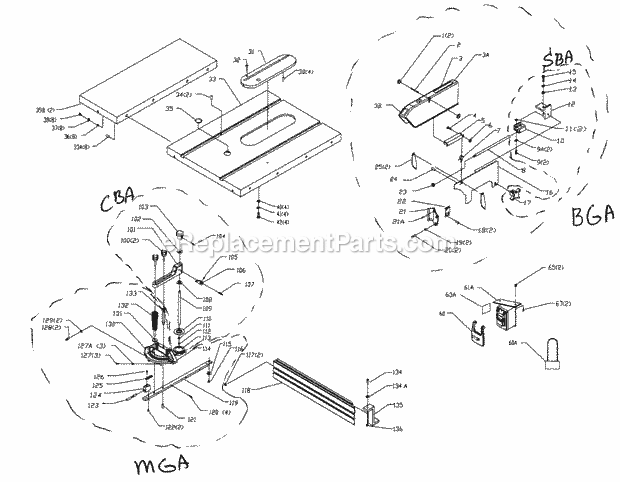 Table Assy Diagram and Parts List for 351221140  Craftsman Table Saw