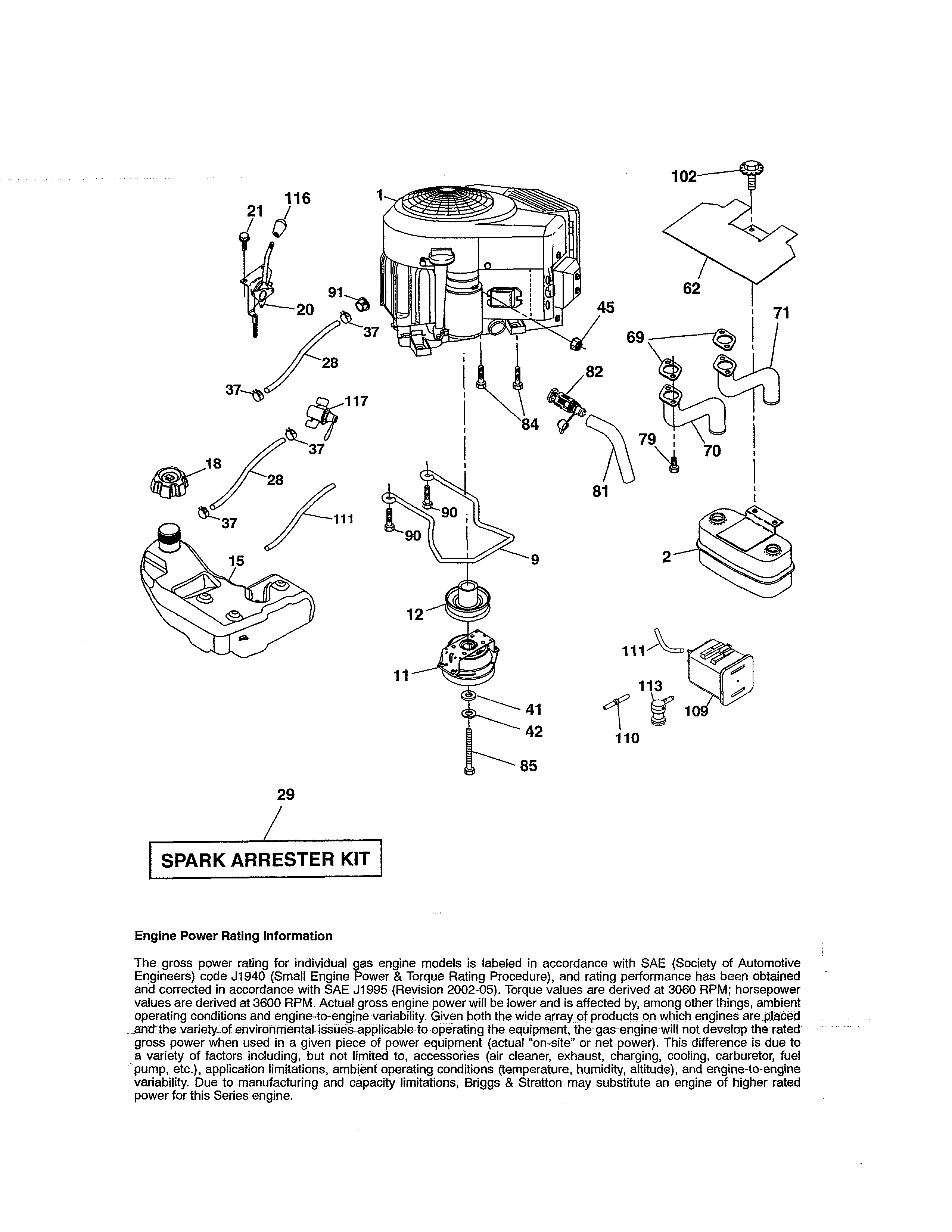 Engine Diagram and Parts List for 917204092  Craftsman Lawn Tractor