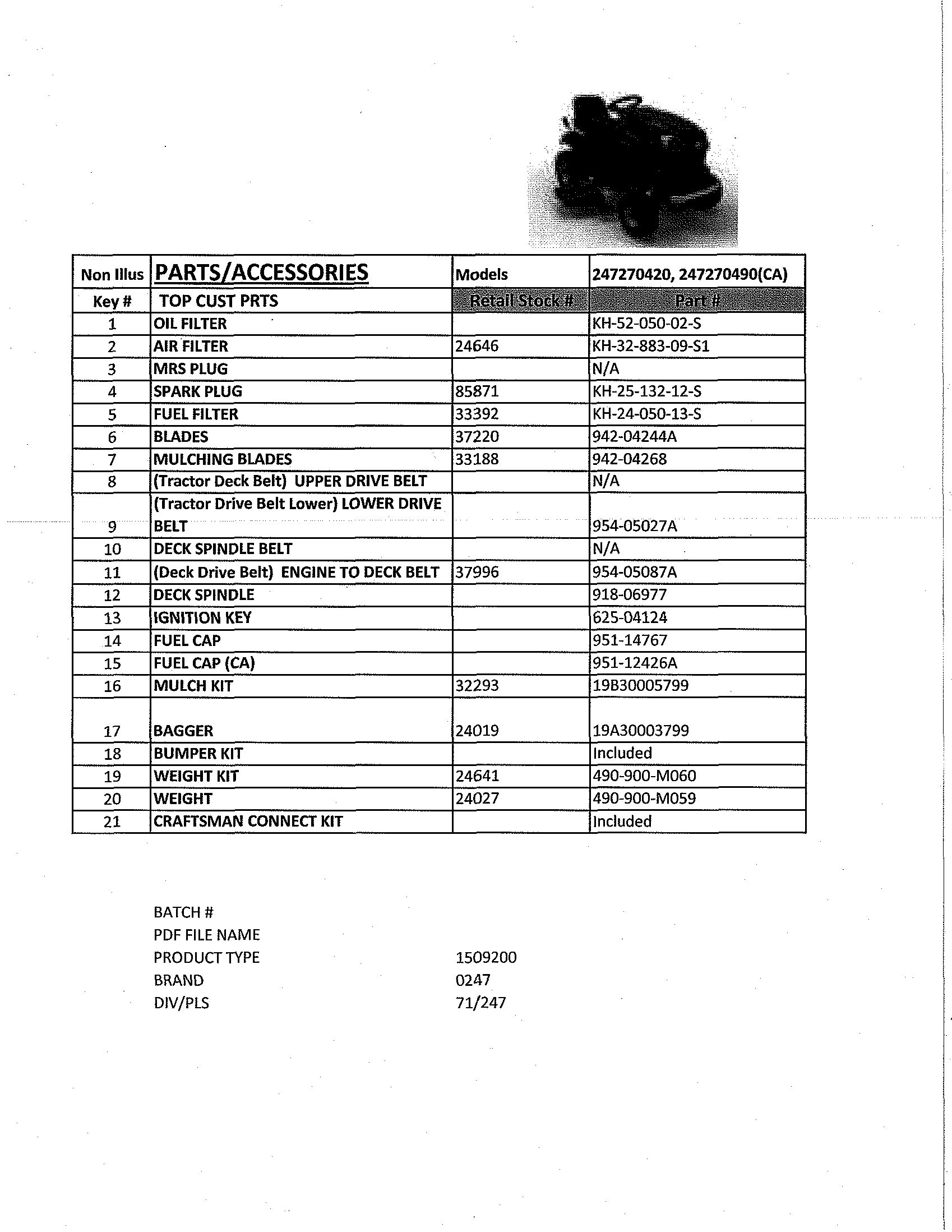 Top Customer Parts Diagram and Parts List for 247270490  Craftsman Lawn Tractor