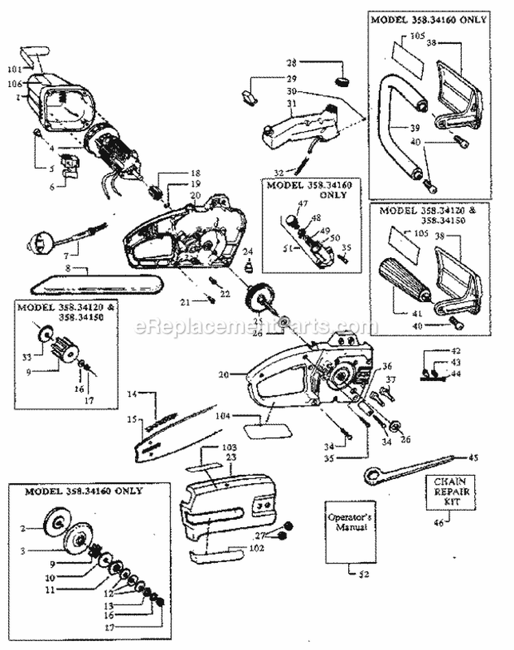 Replacement Parts Diagram and Parts List for 35834160  Craftsman Chainsaw