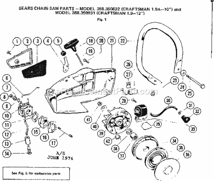 Handle Assembly Diagram and Parts List for 358350822  Craftsman Chainsaw