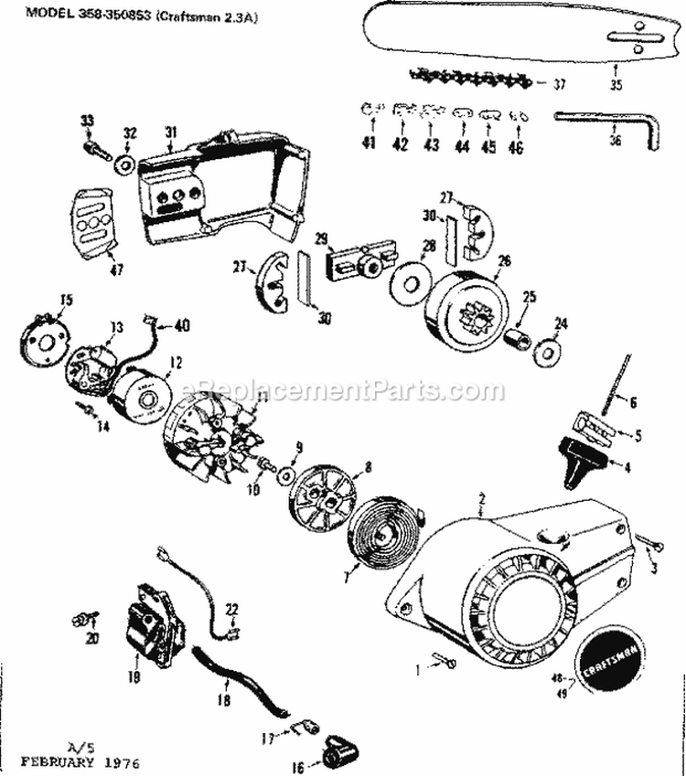 Flywheel Assembly Diagram and Parts List for 358350853  Craftsman Chainsaw