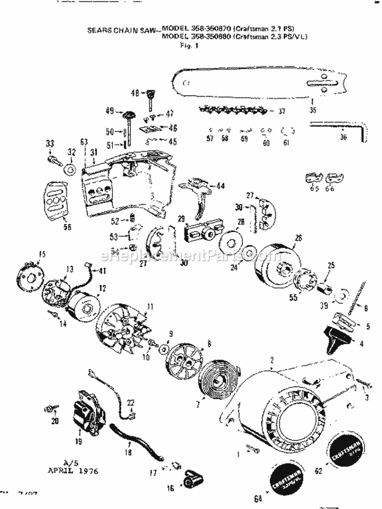Flywheel Assembly Diagram and Parts List for 358350870  Craftsman Chainsaw