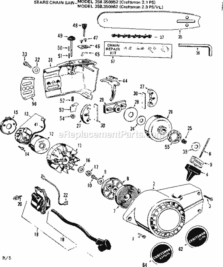 Page B Diagram and Parts List for 358350942  Craftsman Chainsaw