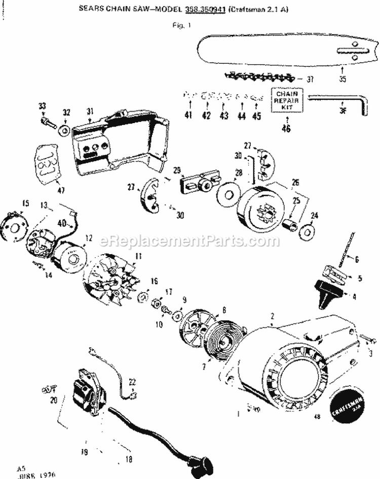 Flywheel Assembly Diagram and Parts List for 358350951  Craftsman Chainsaw