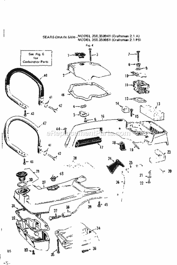Handle Assembly Diagram and Parts List for 358350951  Craftsman Chainsaw