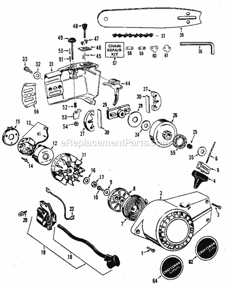 Flywheel Assembly Diagram and Parts List for 358350960  Craftsman Chainsaw