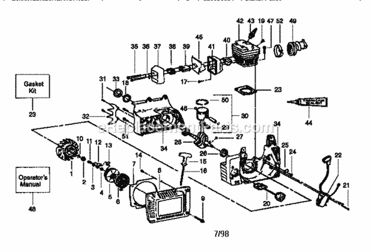 Engine Diagram and Parts List for 358351240  Craftsman Chainsaw