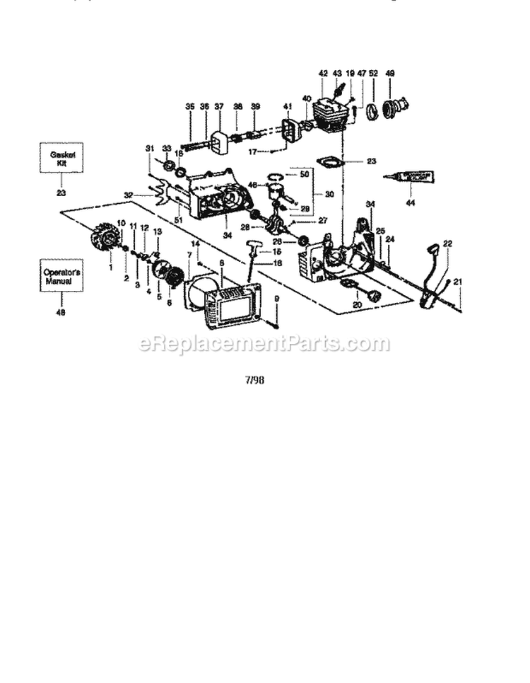 Engine Diagram and Parts List for 358351241  Craftsman Chainsaw