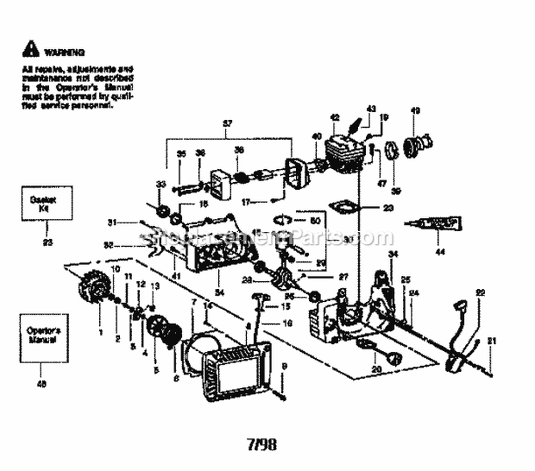 Engine Diagram and Parts List for 358351242  Craftsman Chainsaw