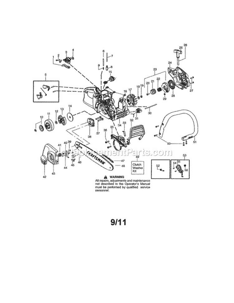Chassis / Bar / Handle Diagram and Parts List for 358351701  Craftsman Chainsaw