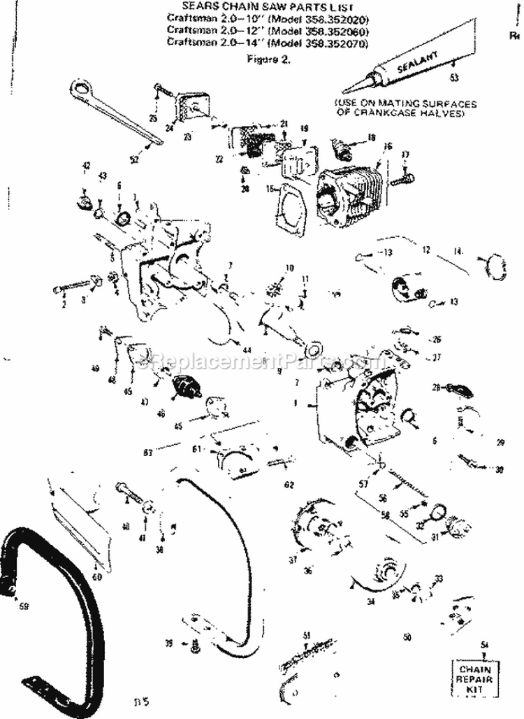 Engine Diagram and Parts List for 358352060  Craftsman Chainsaw