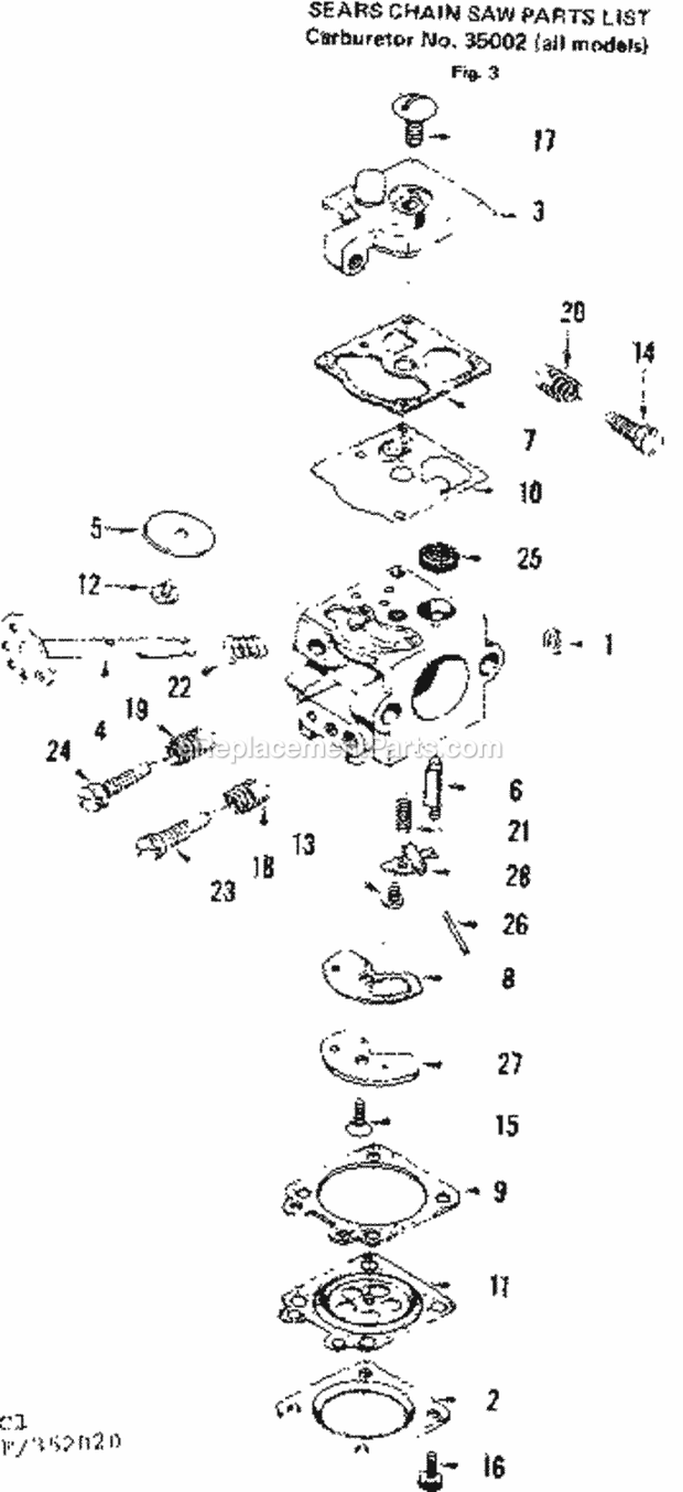 Carburetor Diagram and Parts List for 358352070  Craftsman Chainsaw