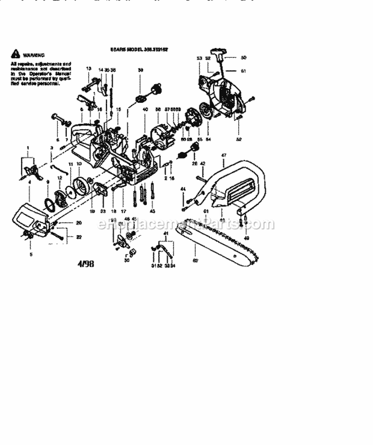 Chainsaw Diagram and Parts List for 358352162  Craftsman Chainsaw