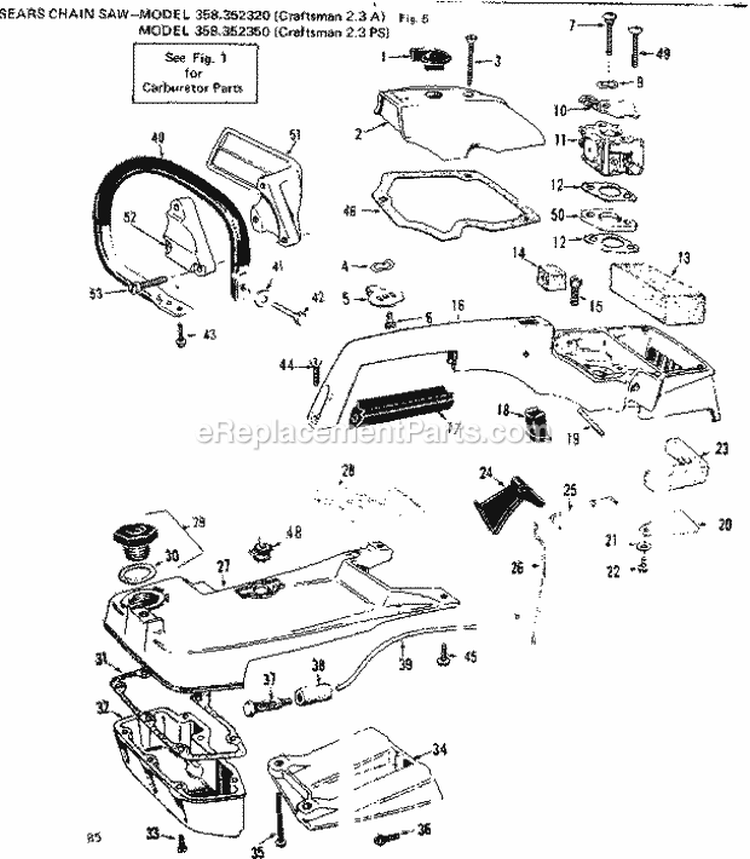 Main Frame Diagram and Parts List for 358352320  Craftsman Chainsaw
