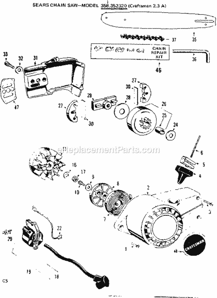 Flywheel Assembly Diagram and Parts List for 358352350  Craftsman Chainsaw