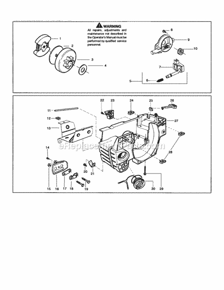 Clutch Diagram and Parts List for 358352660  Craftsman Chainsaw