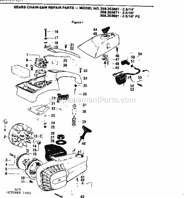 14 Inch 2.3 / 16 Inch Diagram and Parts List for 358353661  Craftsman Chainsaw