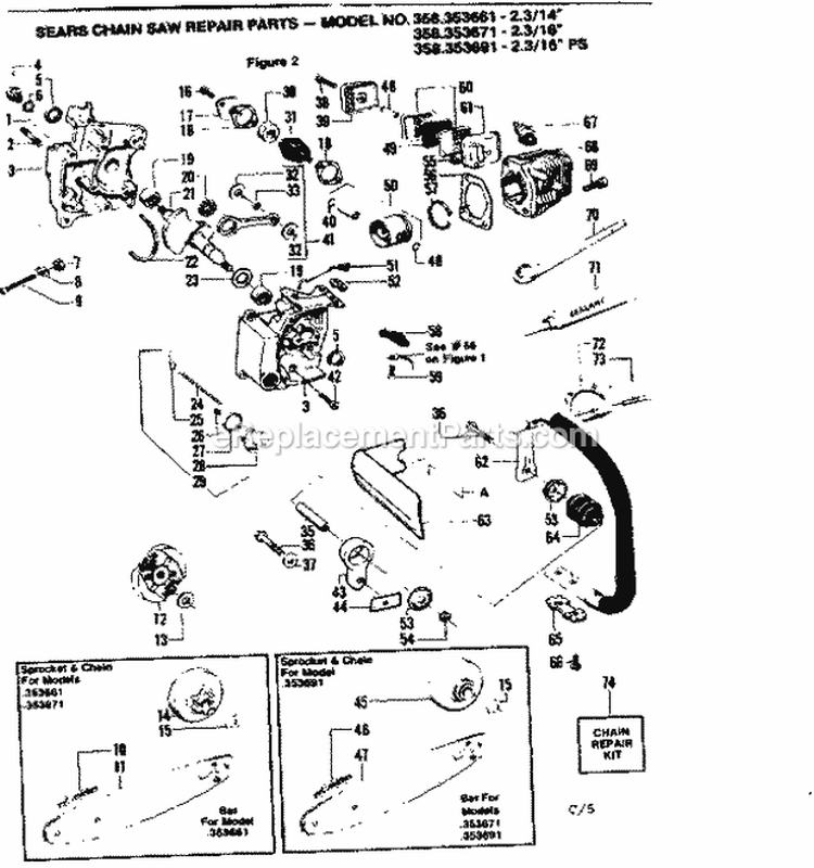 Page C Diagram and Parts List for 358353661  Craftsman Chainsaw