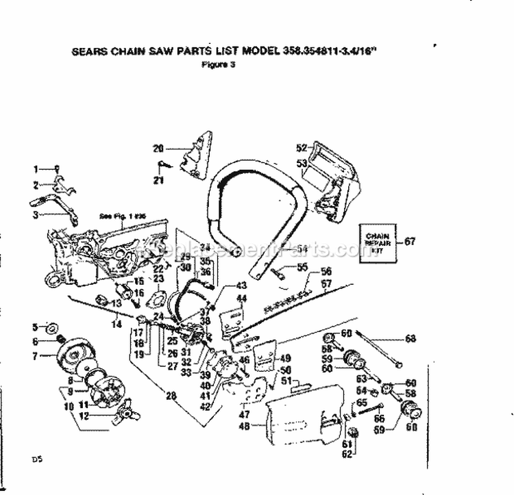 Handle Assembly Diagram and Parts List for 358354811  Craftsman Chainsaw