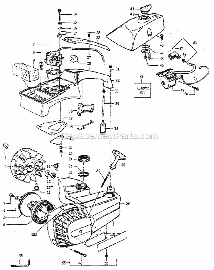 Main Frame Diagram and Parts List for 358355140  Craftsman Chainsaw