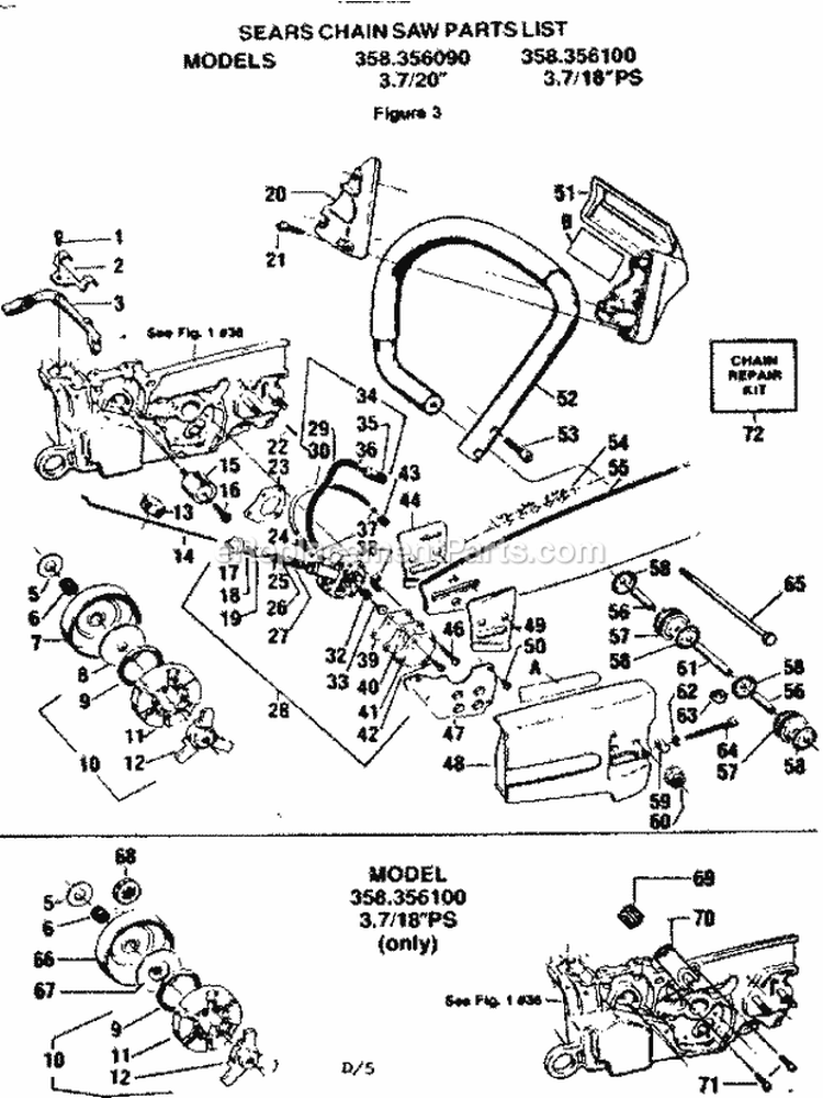 Handle / Chain Diagram and Parts List for 358356090  Craftsman Chainsaw