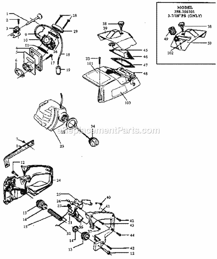 Main Frame Diagram and Parts List for 358356101  Craftsman Chainsaw