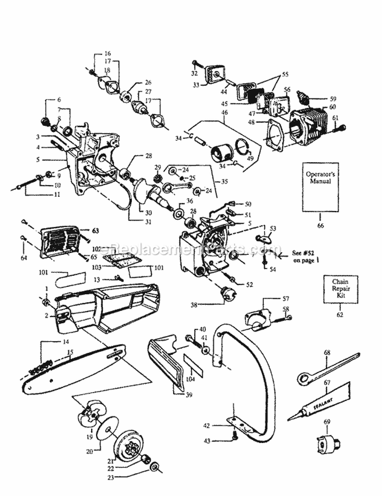 Bar / Cylinder / Crankshaft Diagram and Parts List for 358357361  Craftsman Chainsaw