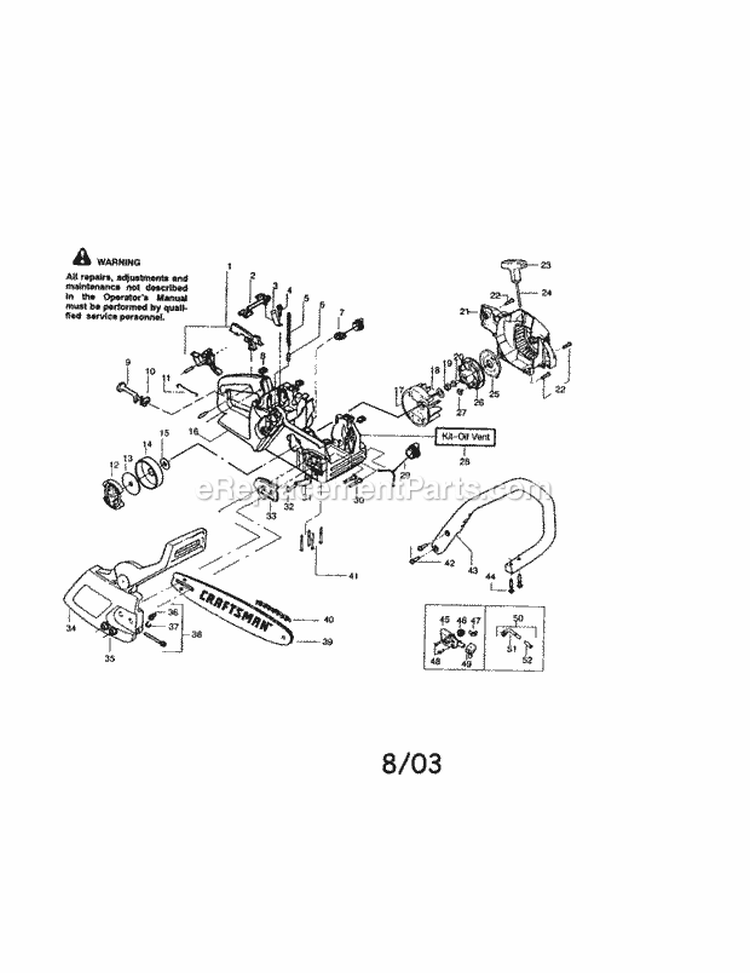 Housing / Handle / Chain / Bar Diagram and Parts List for 358360130  Craftsman Chainsaw