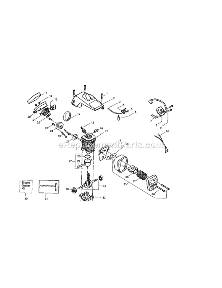 Cylinder / Shield / Carburetor Diagram and Parts List for 358360130  Craftsman Chainsaw