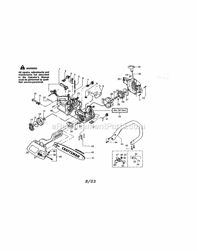 Housing / Chain / Bar / Handle Diagram and Parts List for 358360830  Craftsman Chainsaw