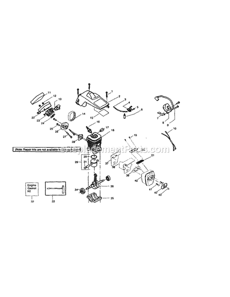Cylinder / Carburetor Diagram and Parts List for 358360881  Craftsman Chainsaw