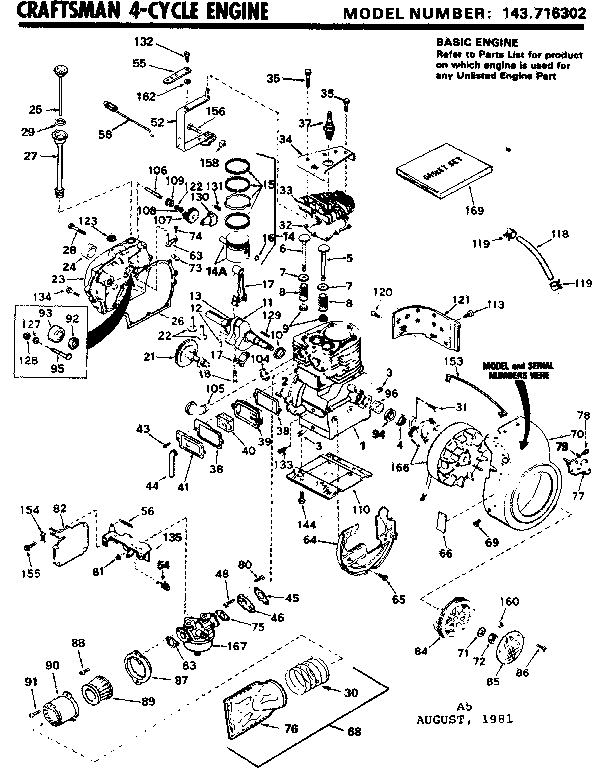 Replacement Parts Diagram and Parts List for 143716302  Craftsman Engine