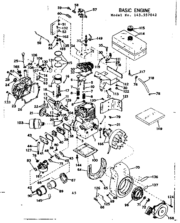 Basic Engine Diagram and Parts List for 143557042  Craftsman Engine