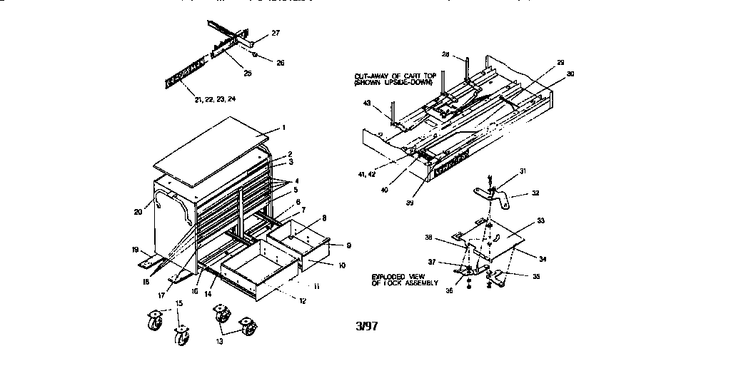 46" 13 Drawer Cart Diagram and Parts List for 706654760  Craftsman Tool Stand & Cart
