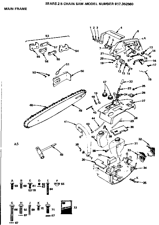 Main Frame Diagram and Parts List for 917352560  Craftsman Chainsaw