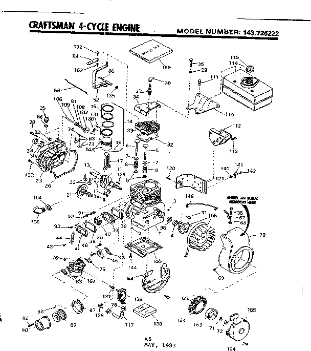 Replacement Parts Diagram and Parts List for 143726222  Craftsman Engine