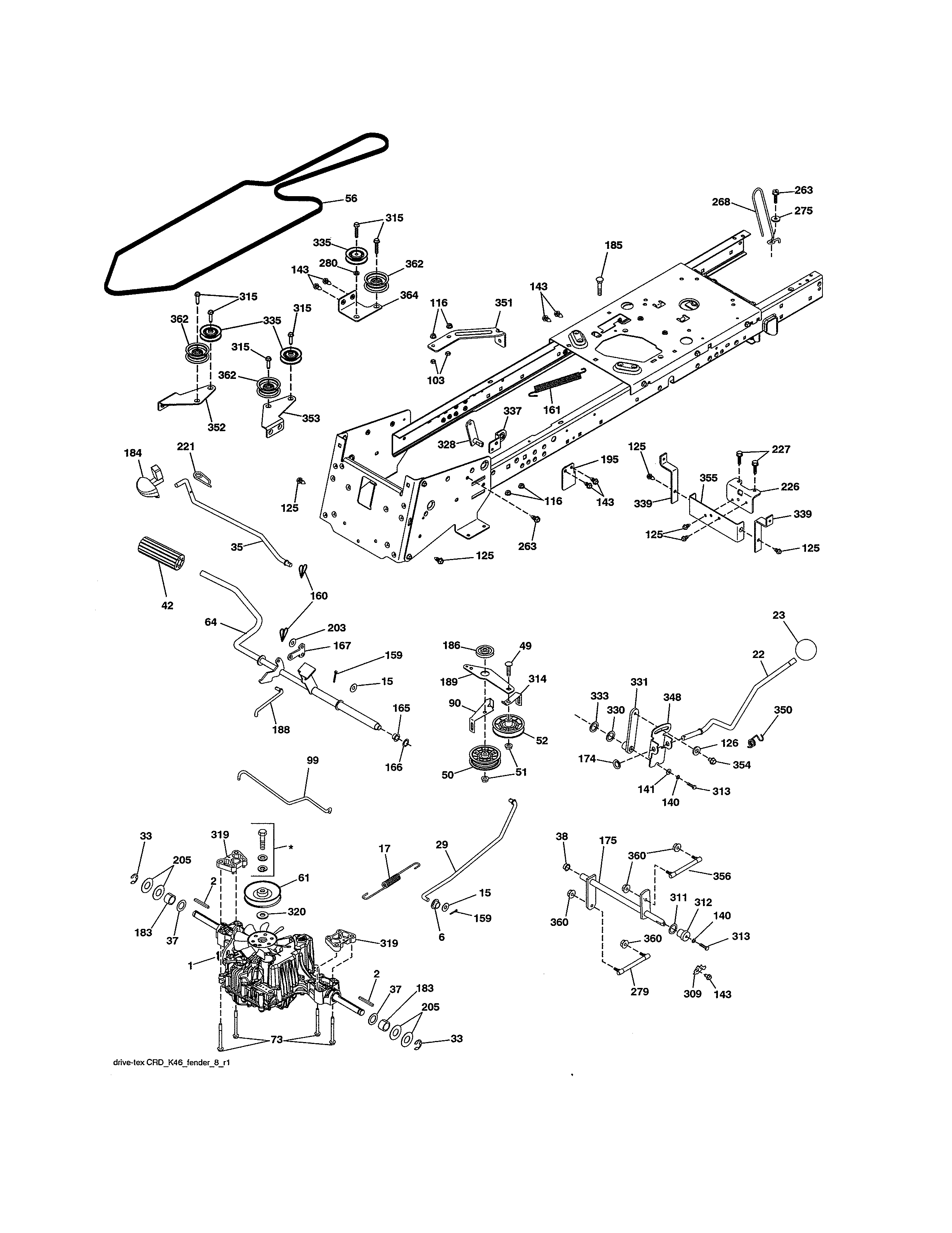 Drive Diagram and Parts List for 917991650  Craftsman Lawn Tractor